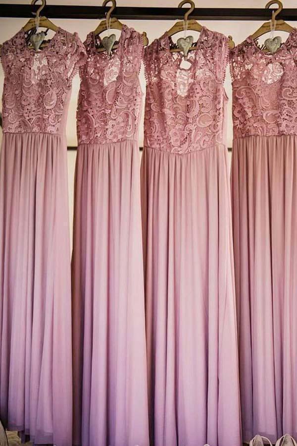 Cap Sleeve Illusion Lace Pink Long Cheap Bridesmaid Dresses Online, WG258