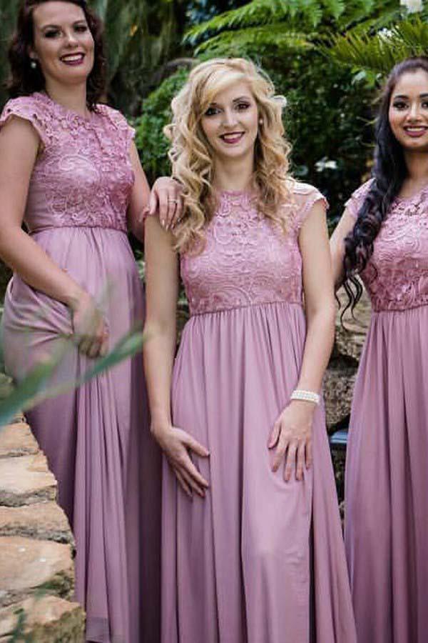 Cap Sleeve Illusion Lace Pink Long Cheap Bridesmaid Dresses Online, WG258