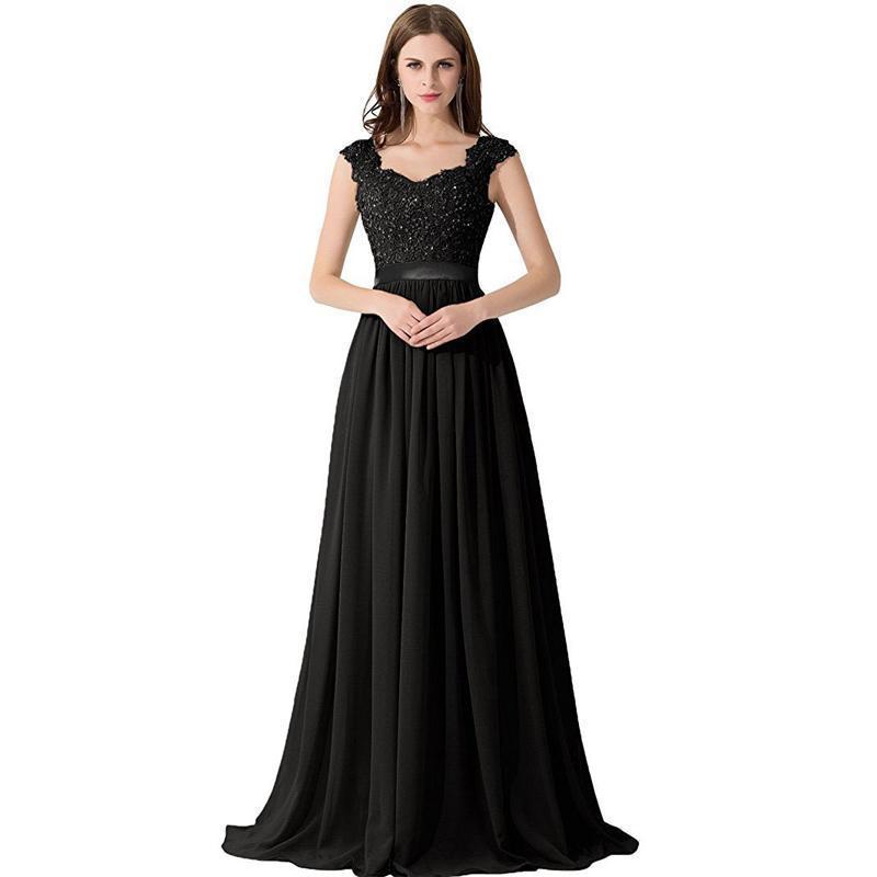 Cap Sleeve Lace Beaded See Through Black Chiffon Long Bridesmaid Dresses Online, WG286