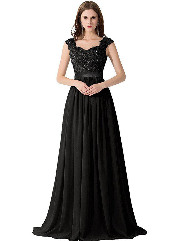 Cap Sleeve Lace Beaded See Through Black Chiffon Long Bridesmaid Dresses Online, WG286