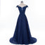 Cap Sleeve Navy Blue See Through A line Lace Beaded Long Evening Prom Dresses, Popular Cheap Long Party Prom Dresses, 17229