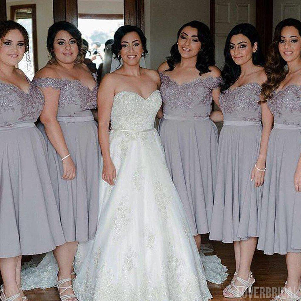 Cap Sleeve Off Shoulder Tea Length Chiffon Lace Grey On Sale Short Young Bridesmaid Dresses, WG134