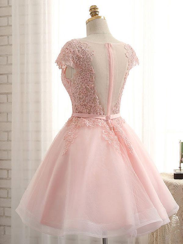 Cap Sleeve Pink Lace Beaded Tulle Short Homecoming Prom Dresses, Affordable Short Party Prom Sweet 16 Dresses, Perfect Homecoming Cocktail Dresses, CM368