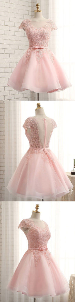 Cap Sleeve Pink Lace Beaded Tulle Short Homecoming Prom Dresses, Affordable Short Party Prom Sweet 16 Dresses, Perfect Homecoming Cocktail Dresses, CM368