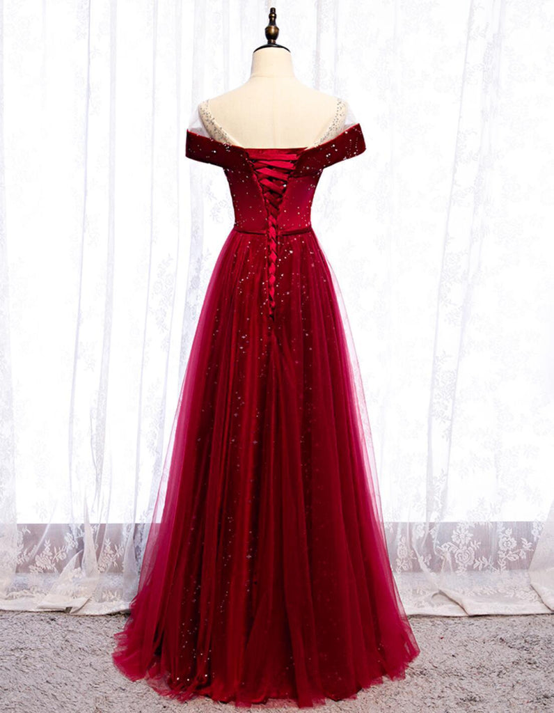 Cap Sleeve Red Sparkly Tulle Long Cheap Evening Prom Dresses, Evening Party Prom Dresses, 12329