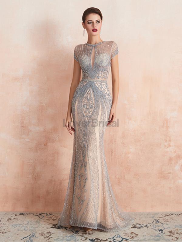 Cap Sleeves Heavily Beaded Mermaid Evening Prom Dresses, Evening Party Prom Dresses, 12134