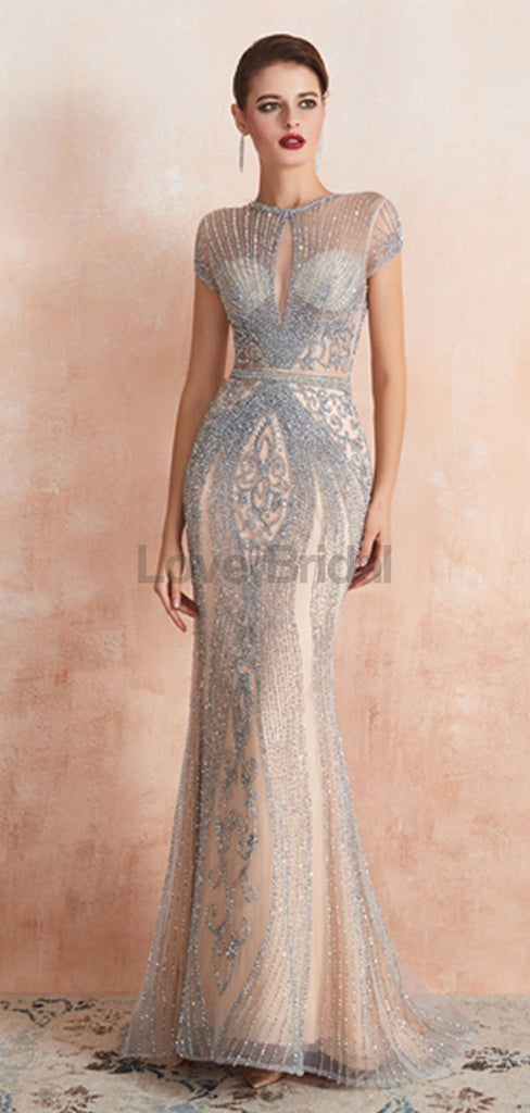 Cap Sleeves Heavily Beaded Mermaid Evening Prom Dresses, Evening Party Prom Dresses, 12134