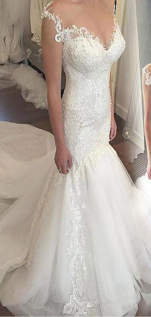 Cap Sleeves Lace Beaded Mermaid Cheap Wedding Dresses Online, WD414