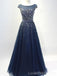 Cap Sleeves Navy Tulle Beaded Long Evening Prom Dresses, Cheap Custom Party Prom Dresses, 18586