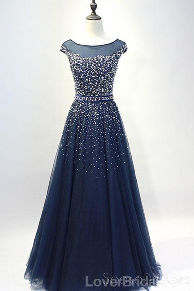 Cap Sleeves Navy Tulle Beaded Long Evening Prom Dresses, Cheap Custom Party Prom Dresses, 18586