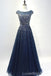 Cap Sleeves Navy Tulle Beaded Long Evening Prom Dresses, Cheap Custom Party Prom Dresses, 18586