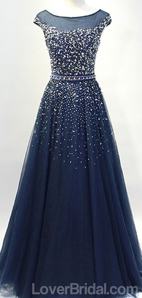 Cap Sleeves Navy Tulle Beaded Long Evening Prom Dresses, Cheap Custom Party Prom Dresses, 18586
