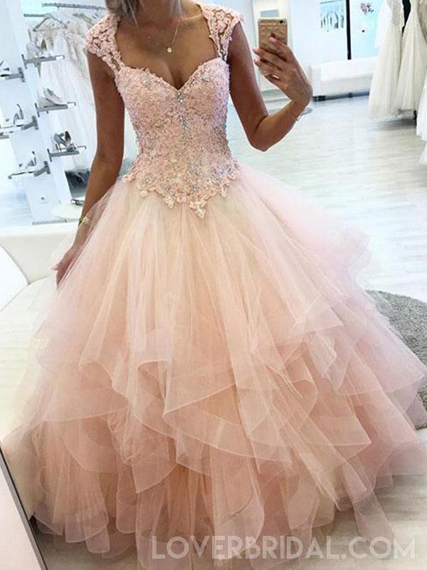 Cap Sleeves Peach Ball Gown Lace Beaded Long Evening Prom Dresses, Cheap Sweet 16 Dresses, 18431