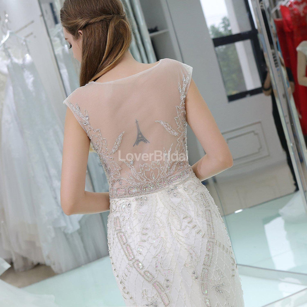 Cap Sleeves Rhinestone Mermaid Wedding Dresses Online, Unique Bridal Dresses, WD583