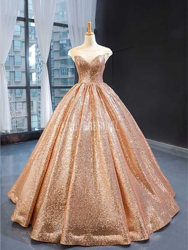 Cap Sleeves Rose Gold Sequin Evening Prom Dresses, Evening Party Prom Dresses, 12238