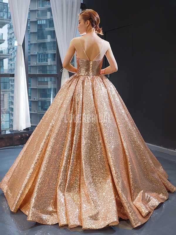 Cap Sleeves Rose Gold Sequin Evening Prom Dresses, Evening Party Prom Dresses, 12238