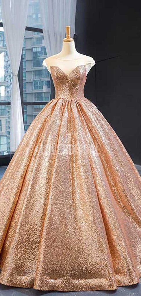 Cap Sleeves Rose Gold Sequin Evening Prom Dresses, Evening Party Prom Dresses, 12238