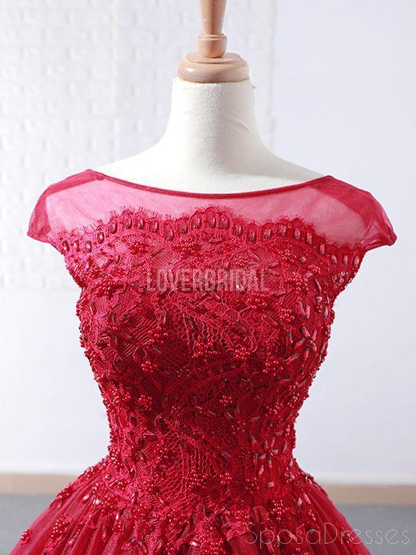 Cap Sleeves Ruffles Red Ball Gown Evening Prom Dresses, Evening Party Prom Dresses, 12265