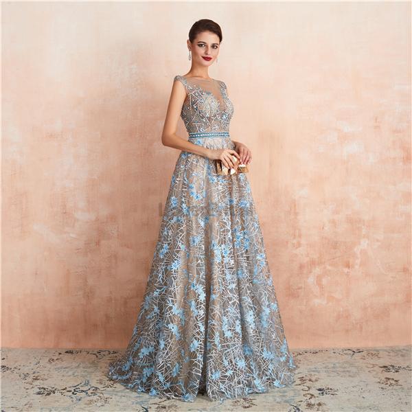 Cap Sleeves See Through Beaded A-line Long Evening Prom Dresses, Evening Party Prom Dresses, 12137
