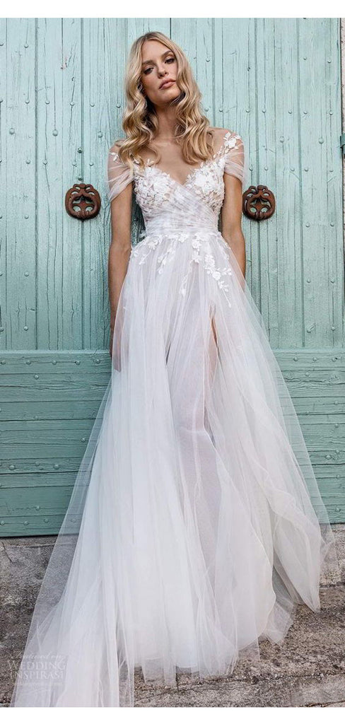Cap Sleeves See Through Cheap Wedding Dresses, Sexy A-line Bridal Dresses, WD435