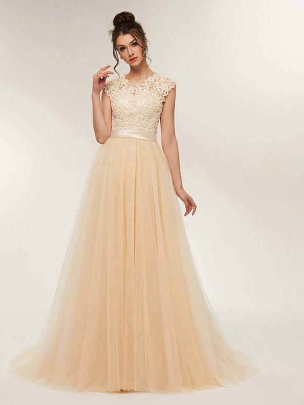 Champagne A-line Jewel Sleeveless Long Prom Dresses Online,Dance Dresses,12443
