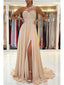 Champagne A-line One Shoulder High Slit Cheap Long Prom Dresses Online,12513