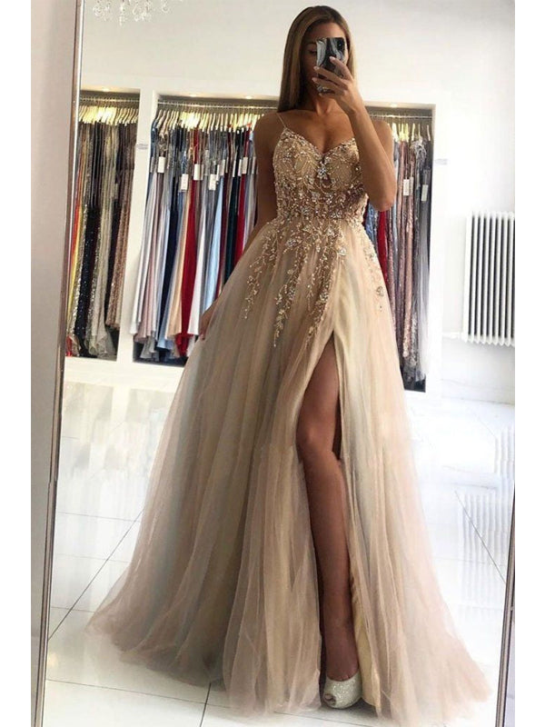 Champagne A-line Spaghetti Straps High Slit Cheap Long Prom Dresses Online,12684