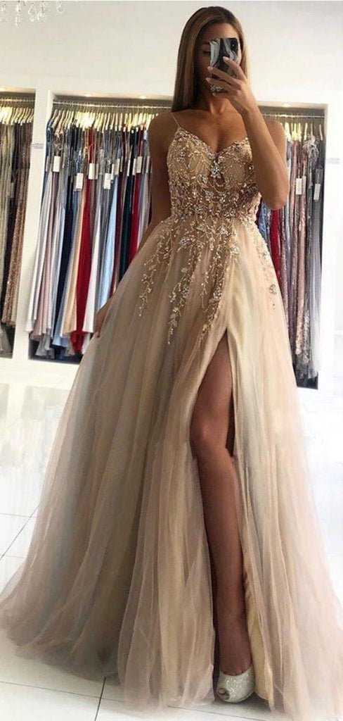 Champagne A-line Spaghetti Straps High Slit Cheap Long Prom Dresses Online,12684