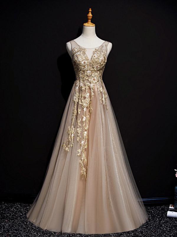 Champagne A-line V-neck Cheap Long Prom Dresses Online,12449