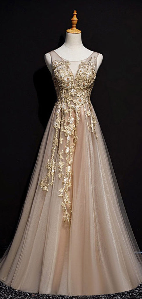 Champagne A-line V-neck Cheap Long Prom Dresses Online,12449