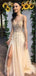 Champagne A-line V-neck High Slit Long Prom Dresses Online, Dance Dresses,12470