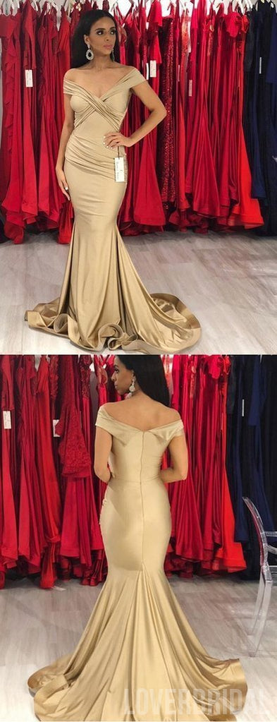 Champagne Gold Off Shoulder Mermaid Sexy Cheap Bridesmaid Dresses Online, WG568