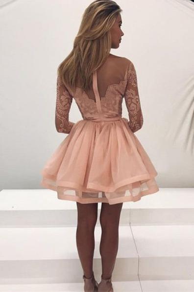 Champagne Lace Long Sleeves Illusion Short Cheap Homecoming Dresses 2018, CM545