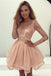 Champagne Lace Long Sleeves Illusion Short Cheap Homecoming Dresses 2018, CM545