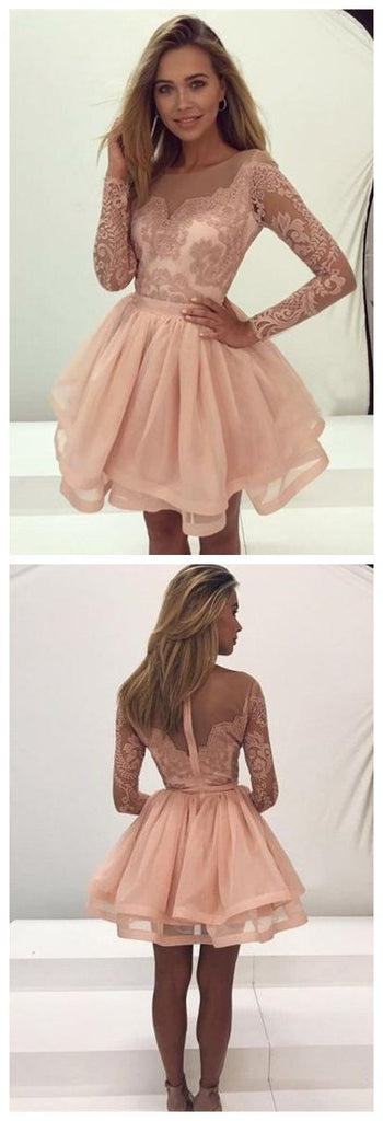 Champagne Lace Long Sleeves Illusion Short Cheap Homecoming Dresses 2018, CM545