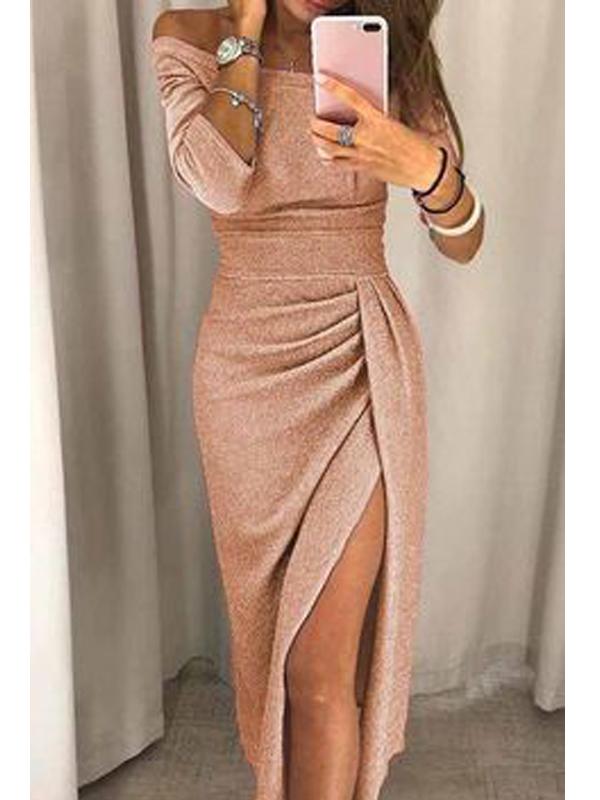 Champagne Mermaid Off Shoulder Long Sleeves High Slit Prom Dresses Online,12469