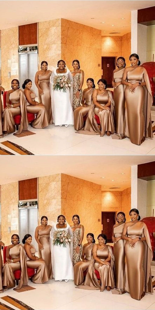 Champagne Mermaid One Shoulder Cheap Long Bridesmaid Dresses,WG1297