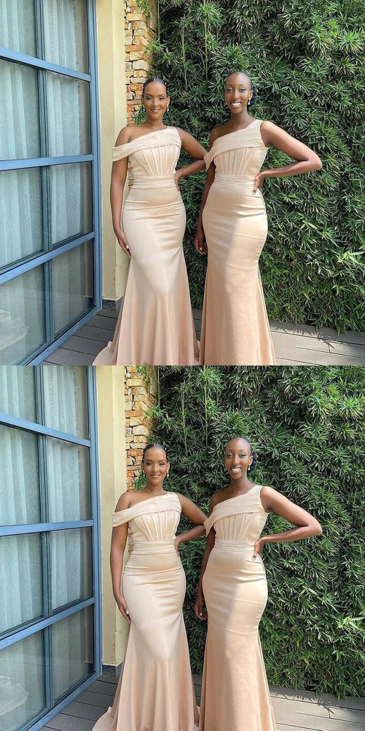 Champagne Mermaid One Shoulder Cheap Long Bridesmaid Dresses,WG1488