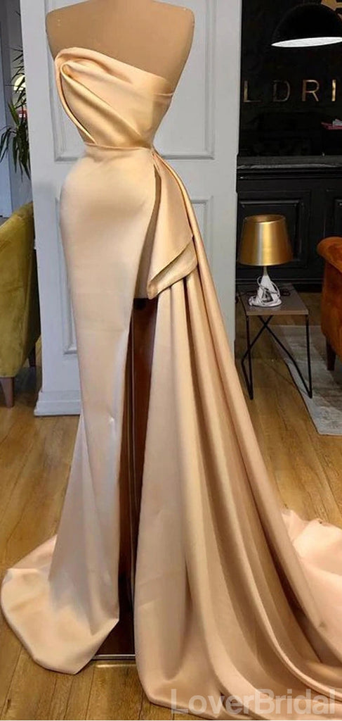 Champagne Mermaid Sweetheart High Slit Cheap Long Prom Dresses,12675