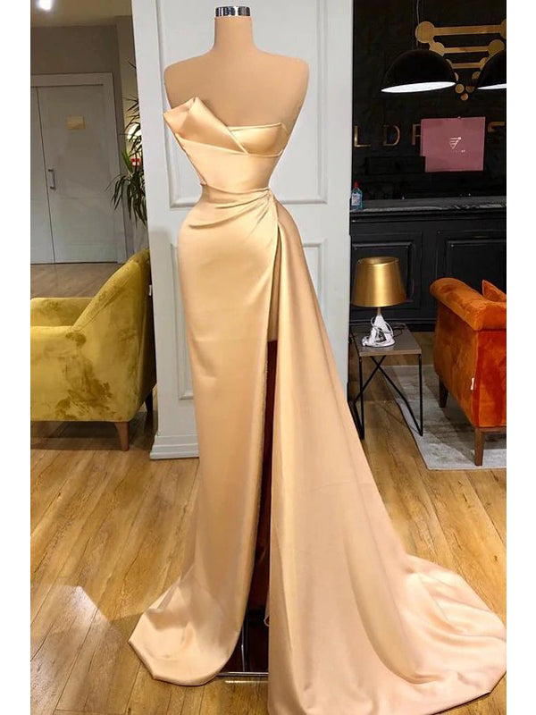 Champagne Mermaid Sweetheart High Slit Cheap Long Prom Dresses,12704