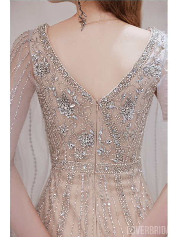 Champagne Sheath V-neck High Slit Long Prom Dresses Online,12567