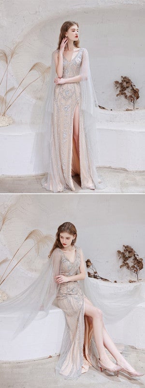 Champagne Sheath V-neck High Slit Long Prom Dresses Online,12567