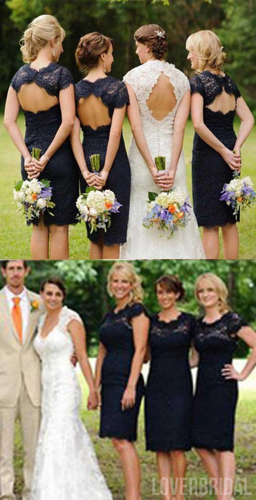 Charming Elegant Lace Navy Blue Open Back Knee-Length Short Mini Cap Sleeve Cheap Bridesmaid Dresses, WG095