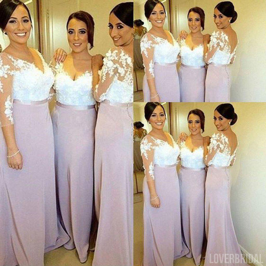 Charming Long Sleeve White Lace Elegant Long Inexpensive Wedding Party Bridesmaid Dresses, WG191