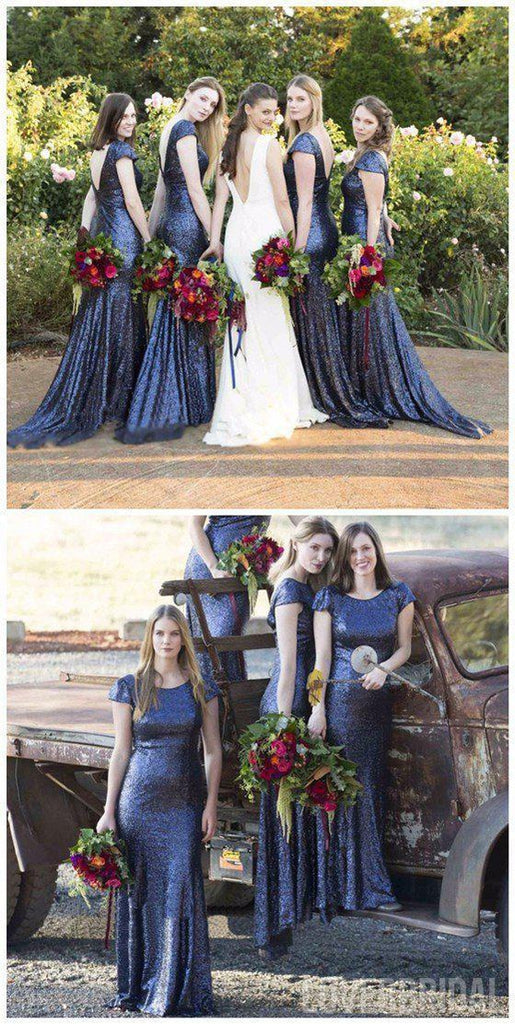 Charming Popular Cap Sleeve Round Neck Royal Blue Sequin Mermaid Long Bridesmaid Dresses, WG61