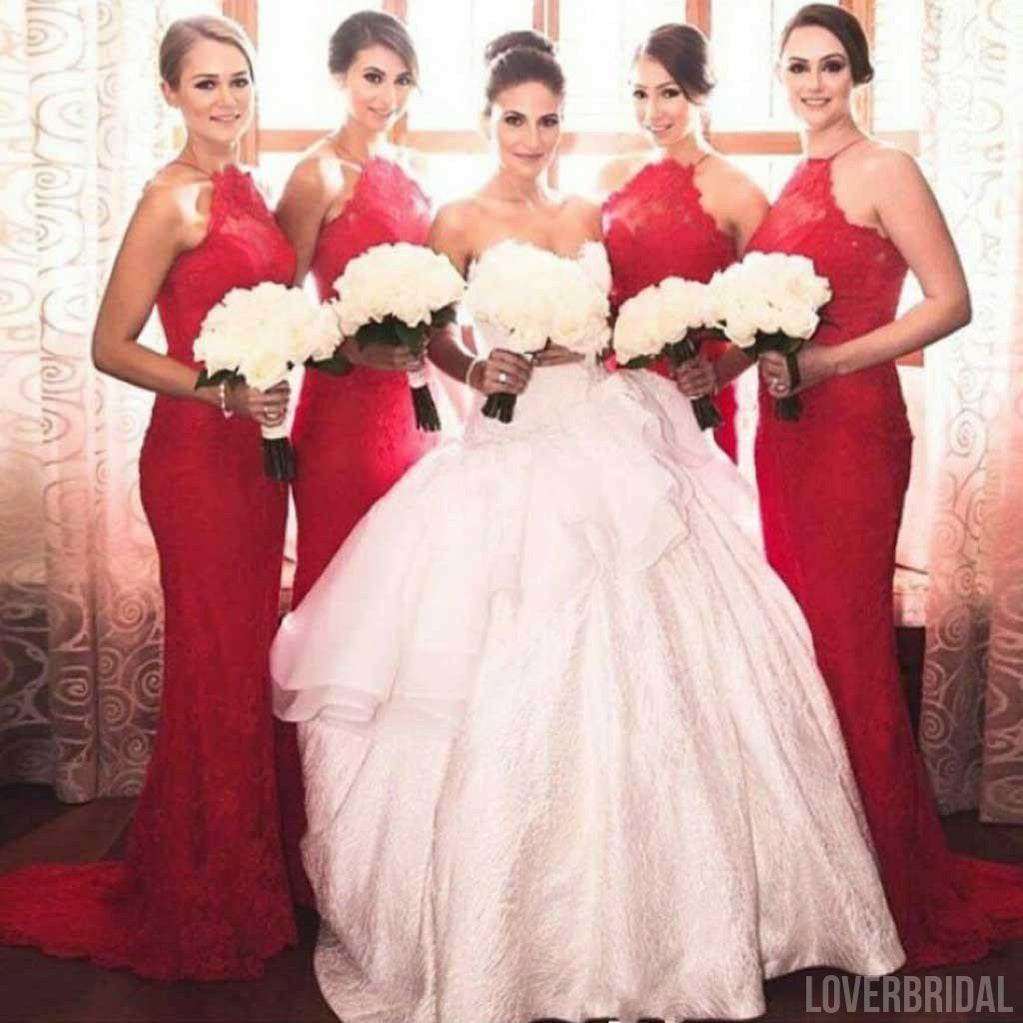 Charming Popular Red Halter Sexy Mermaid Lace Long Wedding Guest Bridesmaid Dresses, WG152