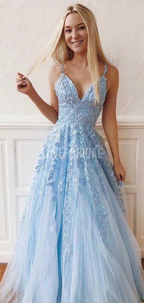 Cheap Blue Lace A-line Long Evening Prom Dresses, Evening Party Prom Dresses, 12228