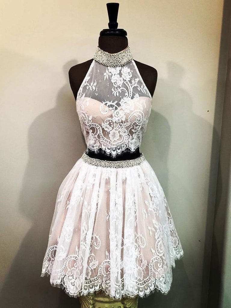 Cheap Halter Two Piece Cute Lace Homecoming Dresses 2018, CM497