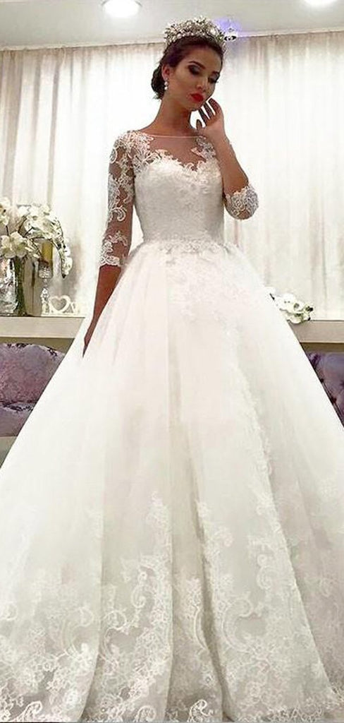 Cheap Lace Beaded A line Long Sleeve Wedding Dresses Online, WD423