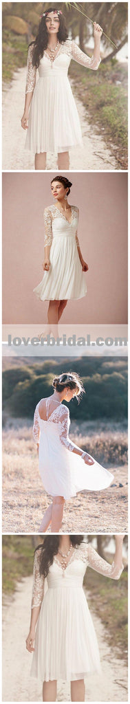 Cheap Long Sleeve Lace Short Beach Wedding Dresses, WD330